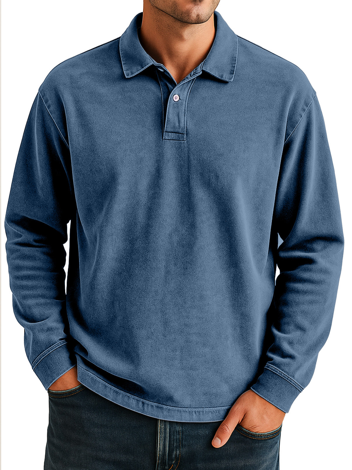 Men's Retro Daily Casual Solid Color Loose Long Sleeve Lar Polo Shirt