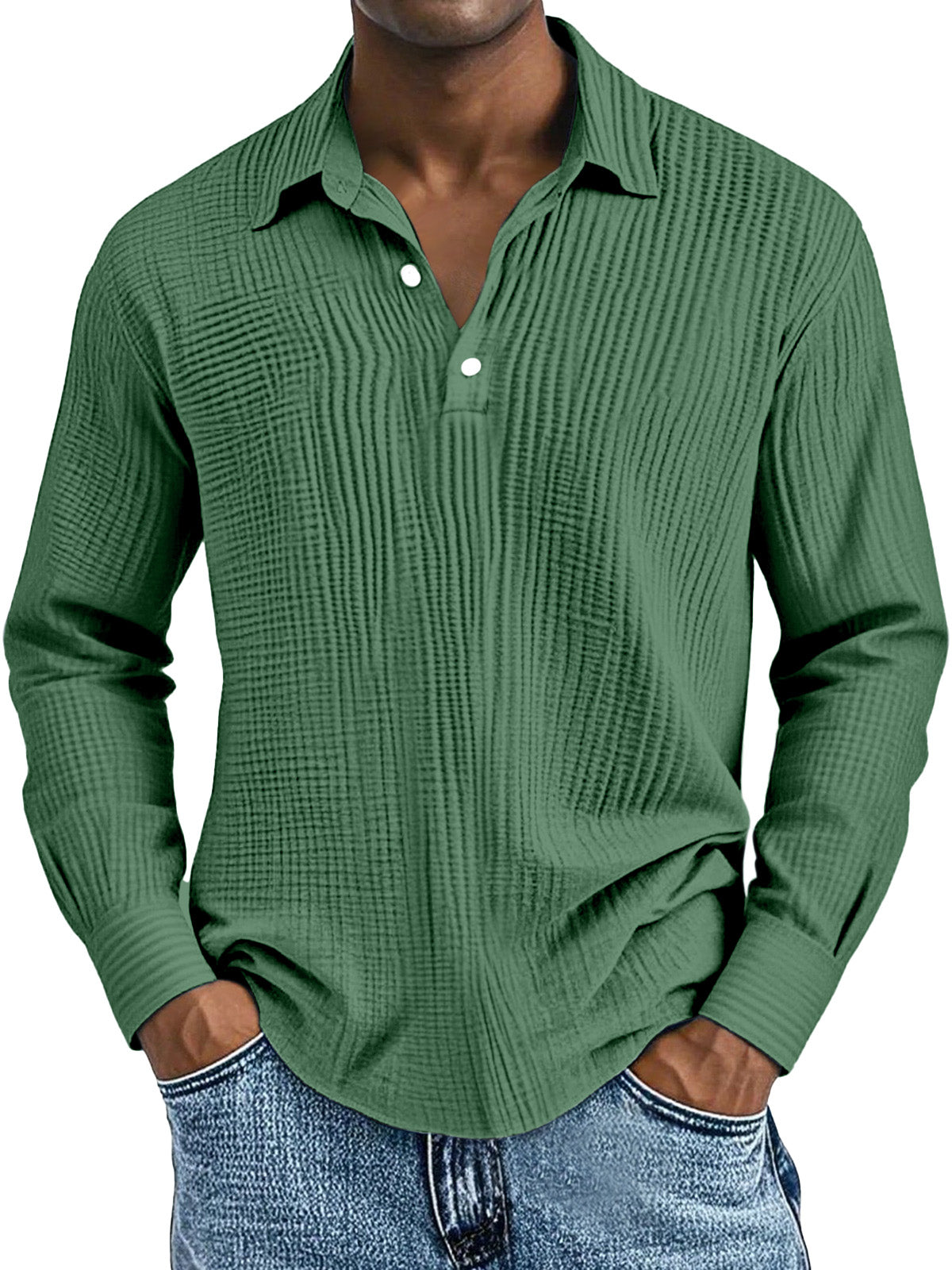 Men's Simple Solid Color Breathable Pleated Lapel Long-sleeved Polo Shirt