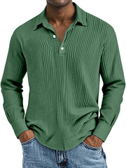Men's Simple Solid Color Breathable Pleated Lapel Long-sleeved Polo Shirt