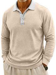 Men's Simple Casual Color Block Design Button Long Sleeve Polo Shirt