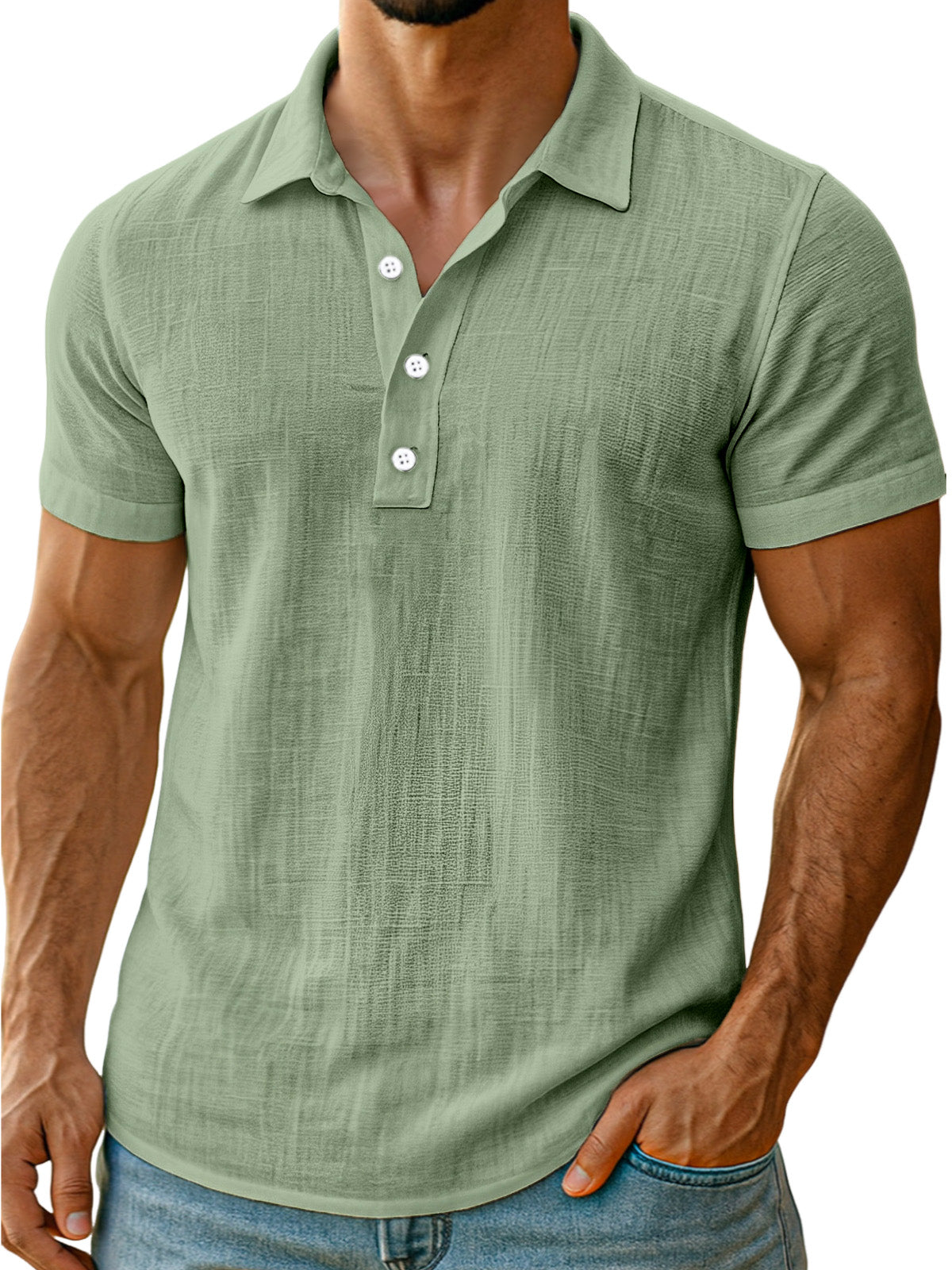Men's daily simple and comfortable solid color linen short-sleeved POLO shirt