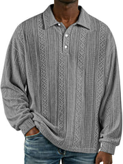 Men's Simple Retro Solid Color Textured Lapel Button Long-sleeved Polo Shirt