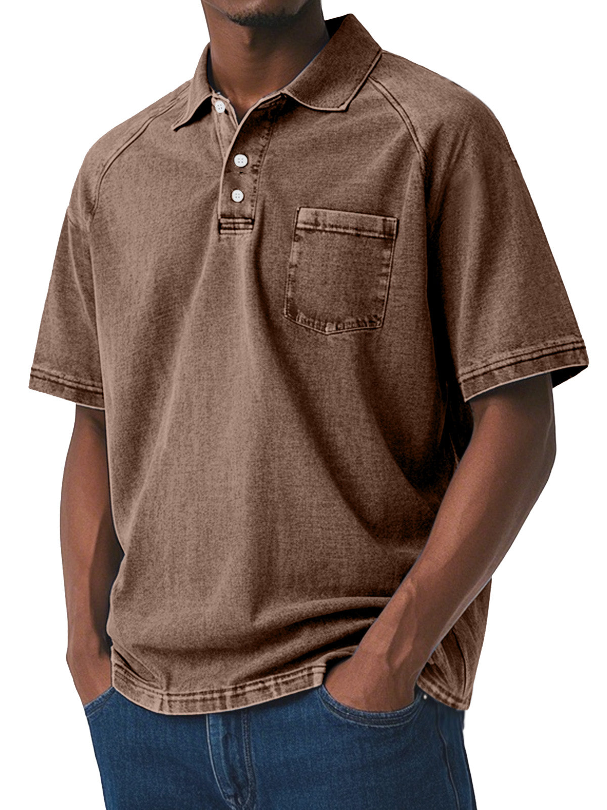 Men's Casual Retro Solid Color Comfortable Raglan Sleeve Lapel Polo Shirt