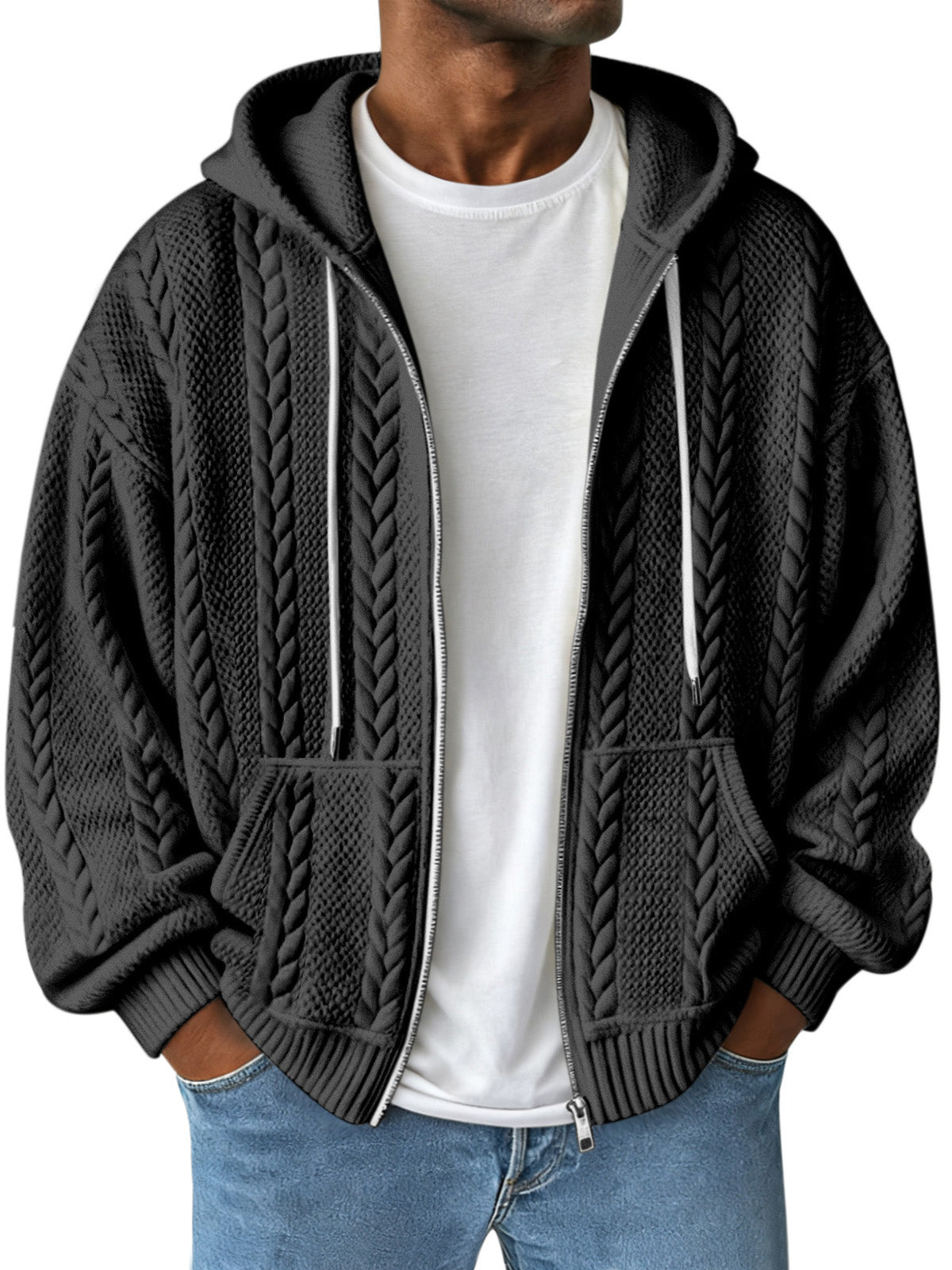 Simple Solid Color Jacquard Hooded Long-sleeved Zipper Jacket