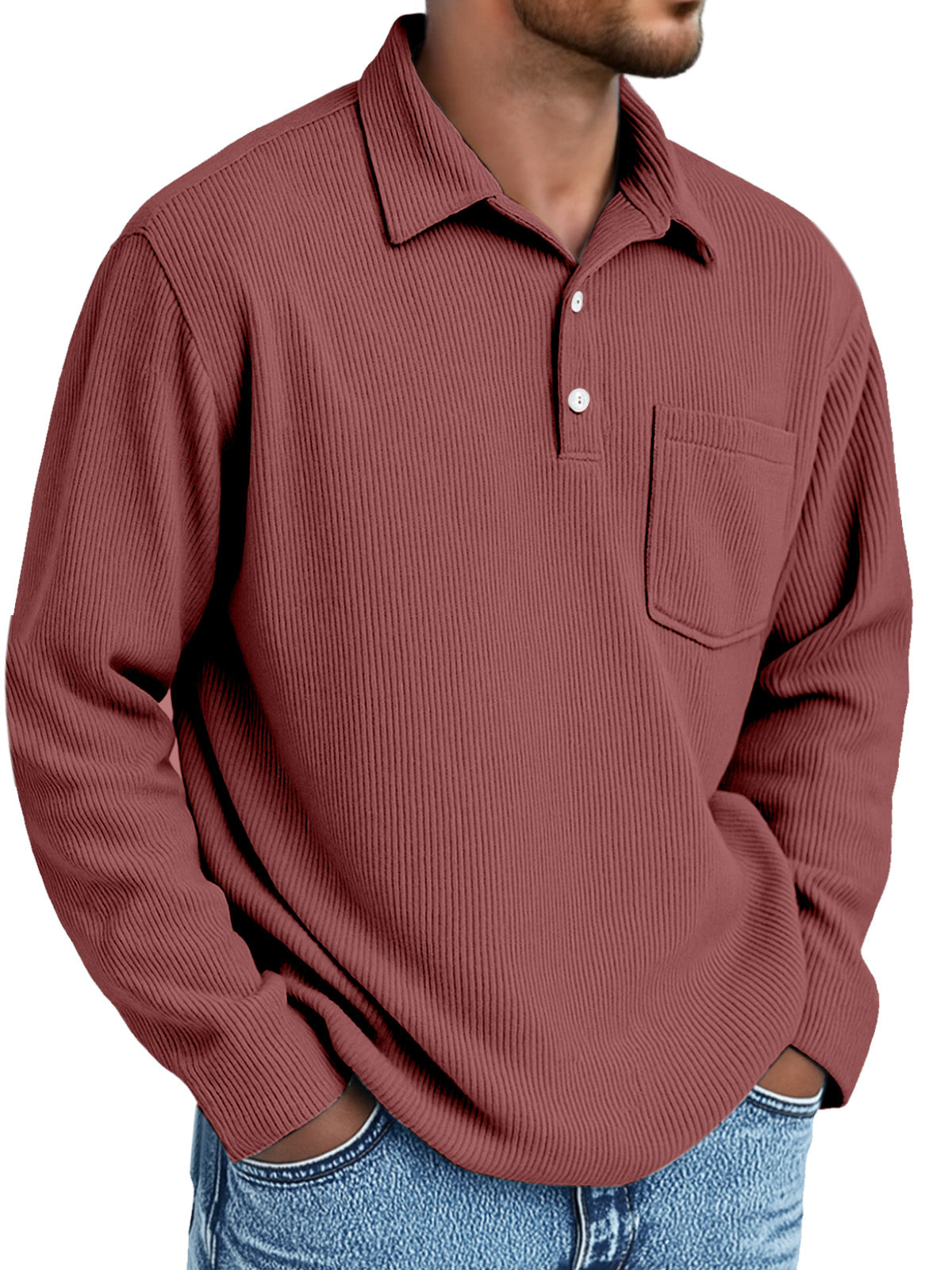 Men's Simple Daily Pitted Textured Lapel Long-sleeved Polo Shirt