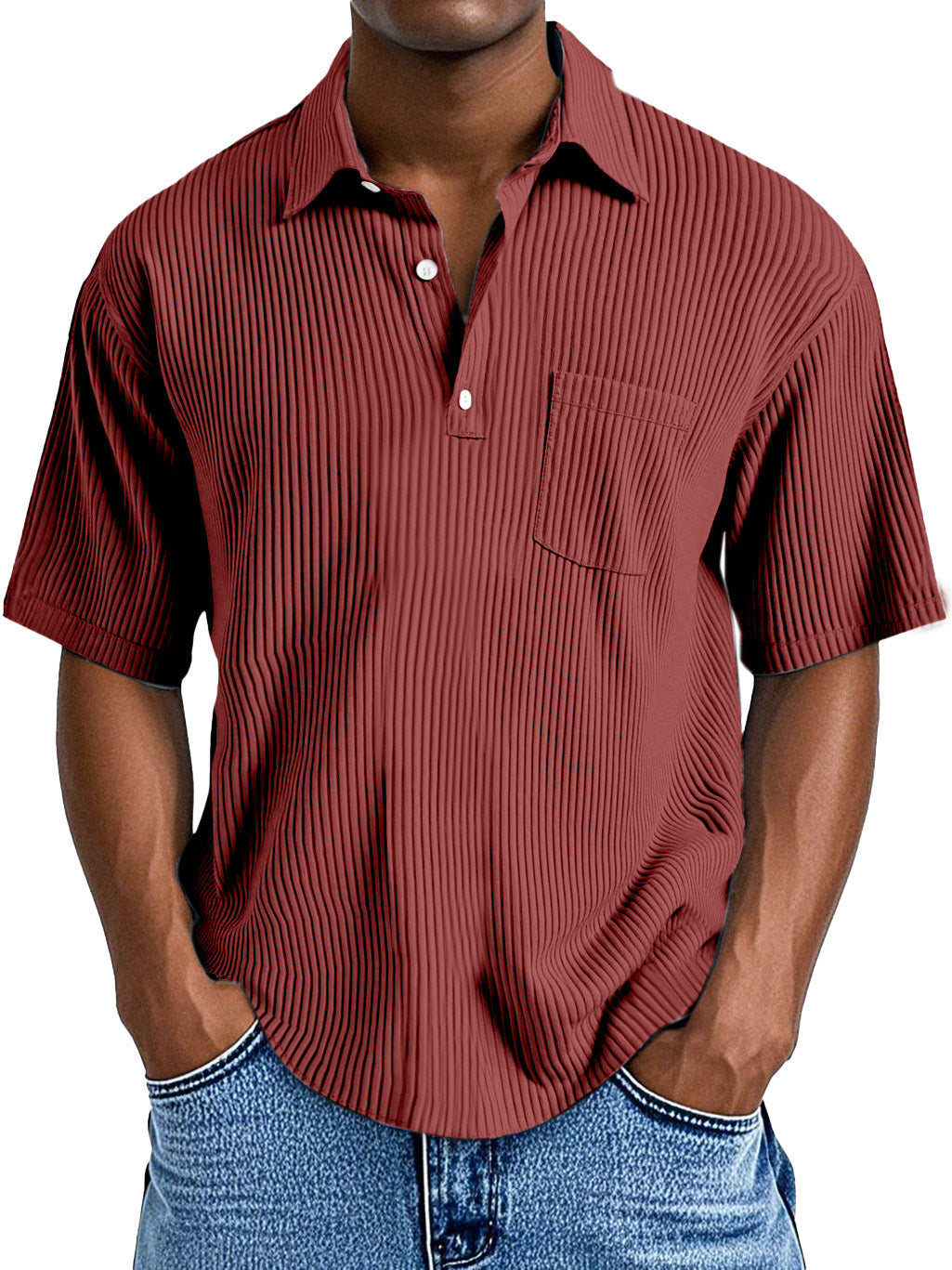 Men's Casual Solid Color Vertical Pit Short-sleeved Button Polo Shirt