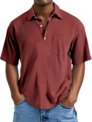 Men's Casual Solid Color Vertical Pit Short-sleeved Button Polo Shirt