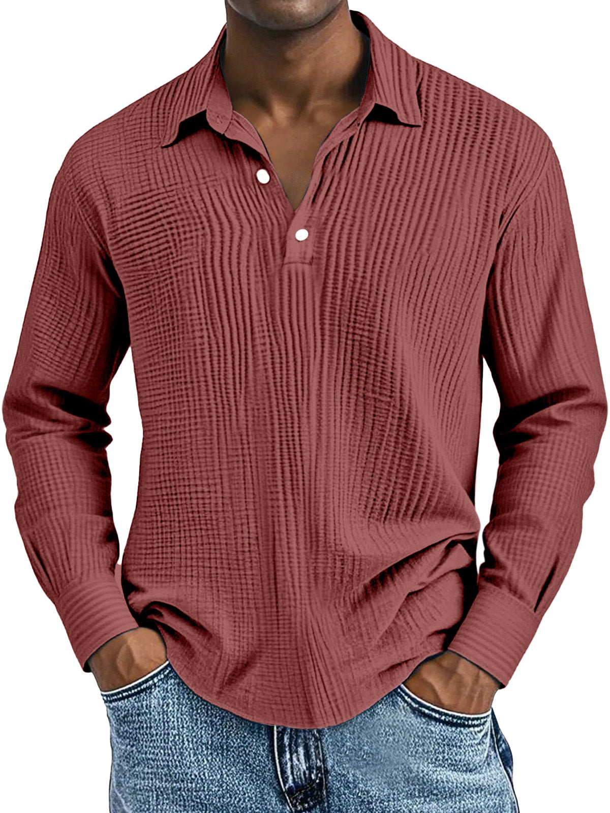 Men's Simple Solid Color Breathable Pleated Lapel Long-sleeved Polo Shirt