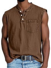 Men's Casual Retro Solid Color Simple Pocket Sleeveless Henley Shirt
