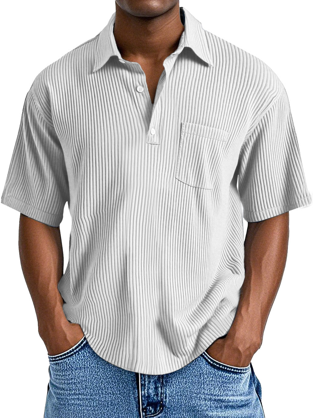 Men's Casual Solid Color Vertical Pit Short-sleeved Button Polo Shirt