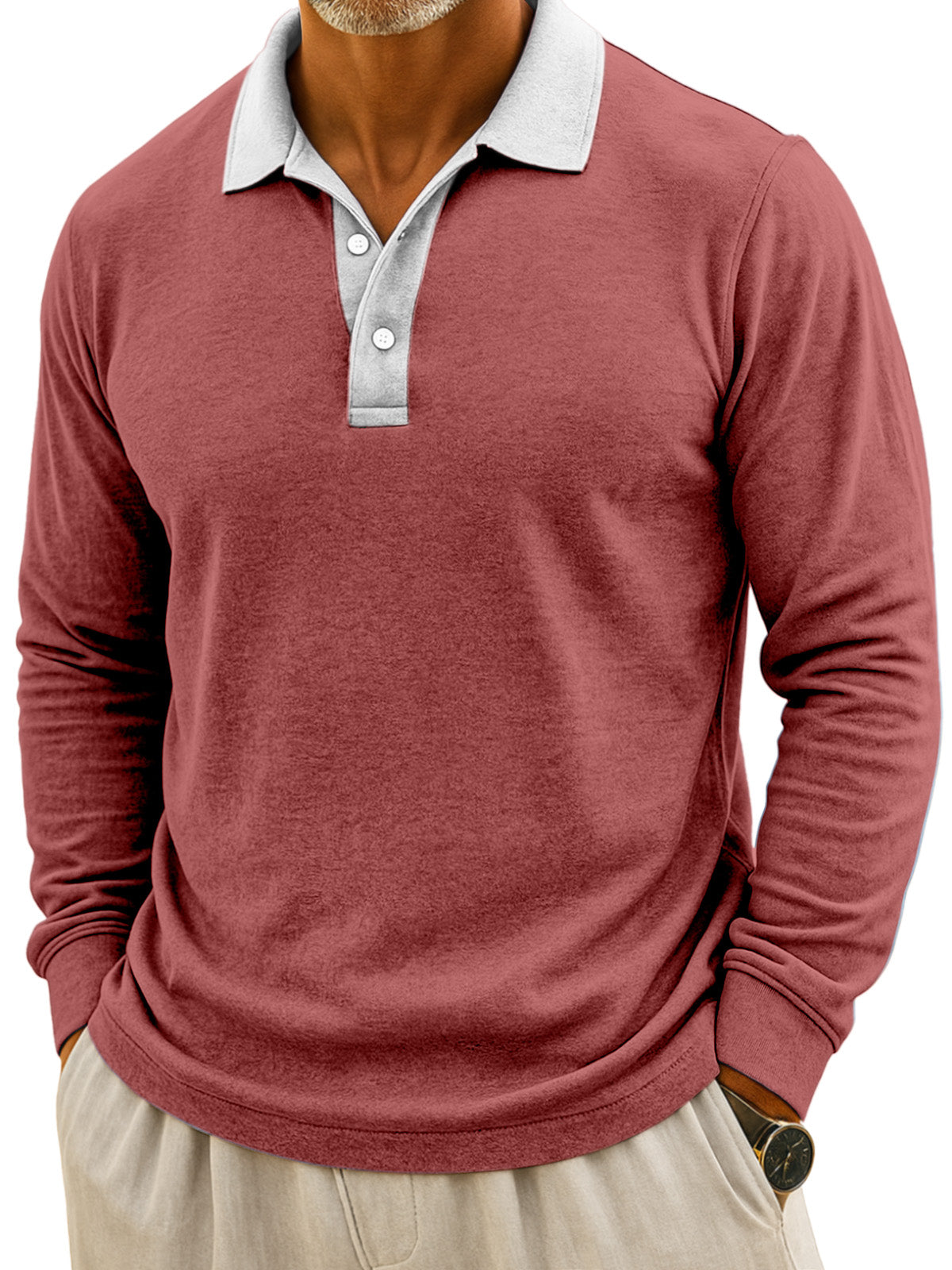 Men's Simple Casual Color Block Design Button Long Sleeve Polo Shirt
