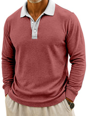 Men's Simple Casual Color Block Design Button Long Sleeve Polo Shirt