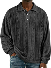 Men's Simple Retro Solid Color Textured Lapel Button Long-sleeved Polo Shirt