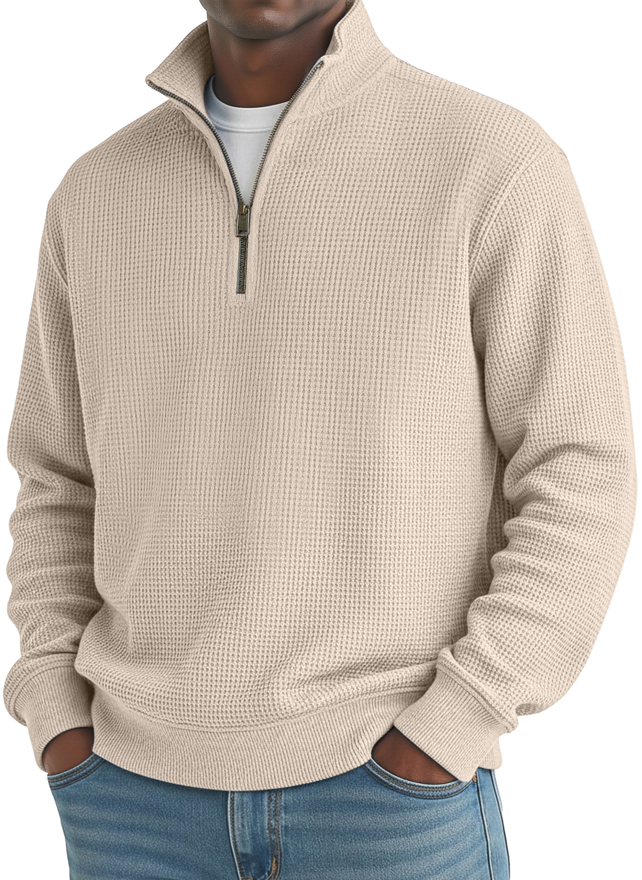 Men's Simple Loose Waffle Quarter-Zip Long Sleeve POLO Shirt