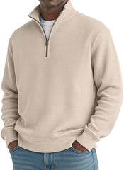 Men's Simple Loose Waffle Quarter-Zip Long Sleeve POLO Shirt