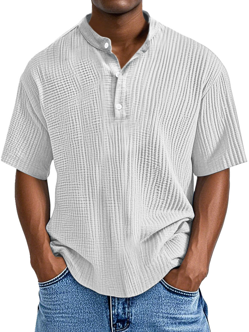 Men's Casual Solid Color Pleated Textured Short-sleeved Henley Shirt