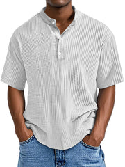 Men's Casual Solid Color Pleated Textured Short-sleeved Henley Shirt