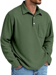 Men's Simple Daily Pitted Textured Lapel Long-sleeved Polo Shirt