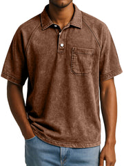 Men's Retro Casual Raglan Short Sleeve Lapel Button Up Polo Shirt