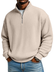 Men's Solid Color Vertical Pit Texture Stand Collar Zipper Long Sleeve Sweater