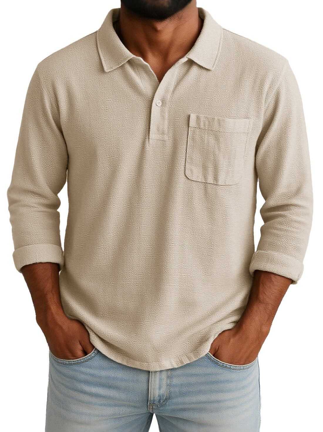 Men's Retro-chic Ramie Fabric Long-sleeved Polo Shirt With Loose-fitting Drawstring Waist And Embroidered Logo 