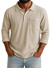 Men's Retro-chic Ramie Fabric Long-sleeved Polo Shirt With Loose-fitting Drawstring Waist And Embroidered Logo 