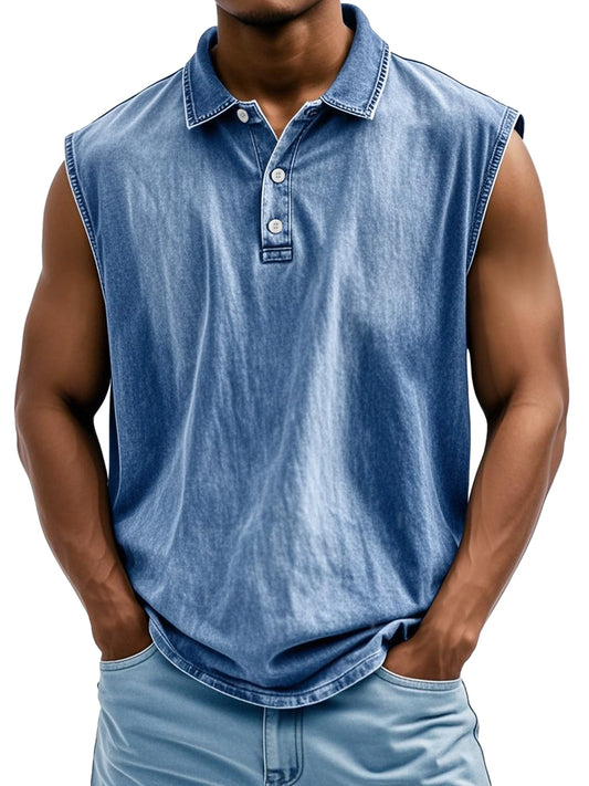 Men's Retro Casual Lapel Button Solid Color Loose Sleeveless POLO Shirt