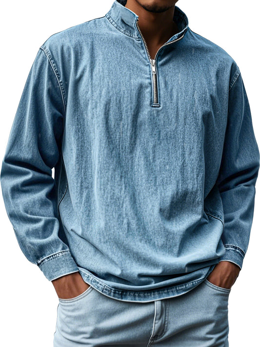 Men's Vintage Distressed Stand-up Collar Zipper Casual Long-sleeved T-shirt