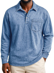 Men's Retro Casual Lapel Pocket Distressed Long-sleeved Polo Shirt