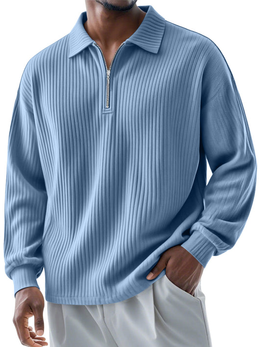 Men's Fashionable Ribbed Lapel Zipper Casual Long-sleeved Polo Shirt