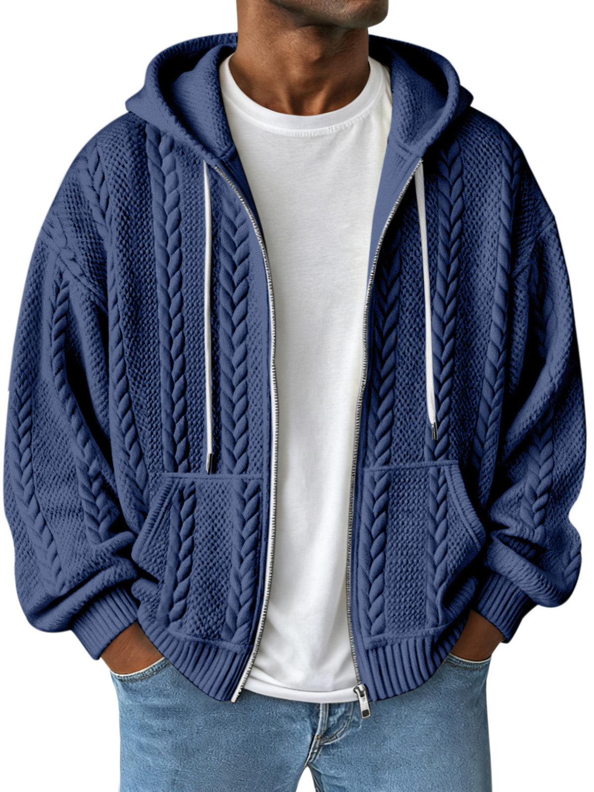 Simple Solid Color Jacquard Hooded Long-sleeved Zipper Jacket