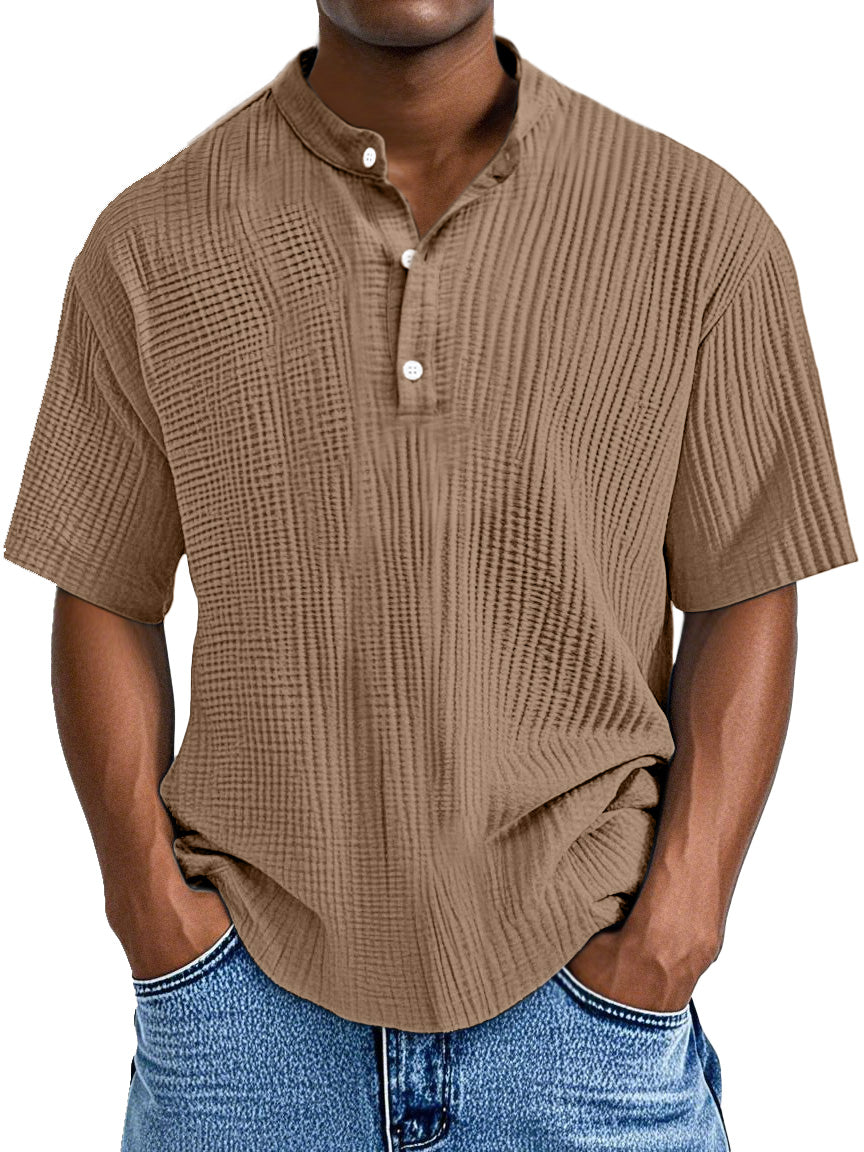 Men's Casual Solid Color Pleated Textured Short-sleeved Henley Shirt