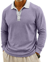 Men's Simple Casual Color Block Design Button Long Sleeve Polo Shirt