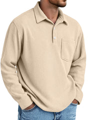 Men's Simple Daily Pitted Textured Lapel Long-sleeved Polo Shirt