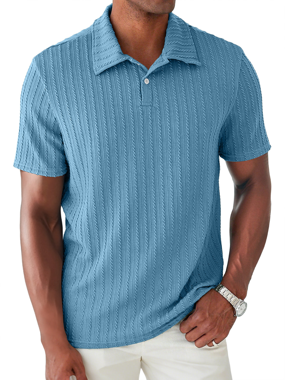 Men's Daily Jacquard Texture Lapel Button Casual Short Sleeve POLO Shirt