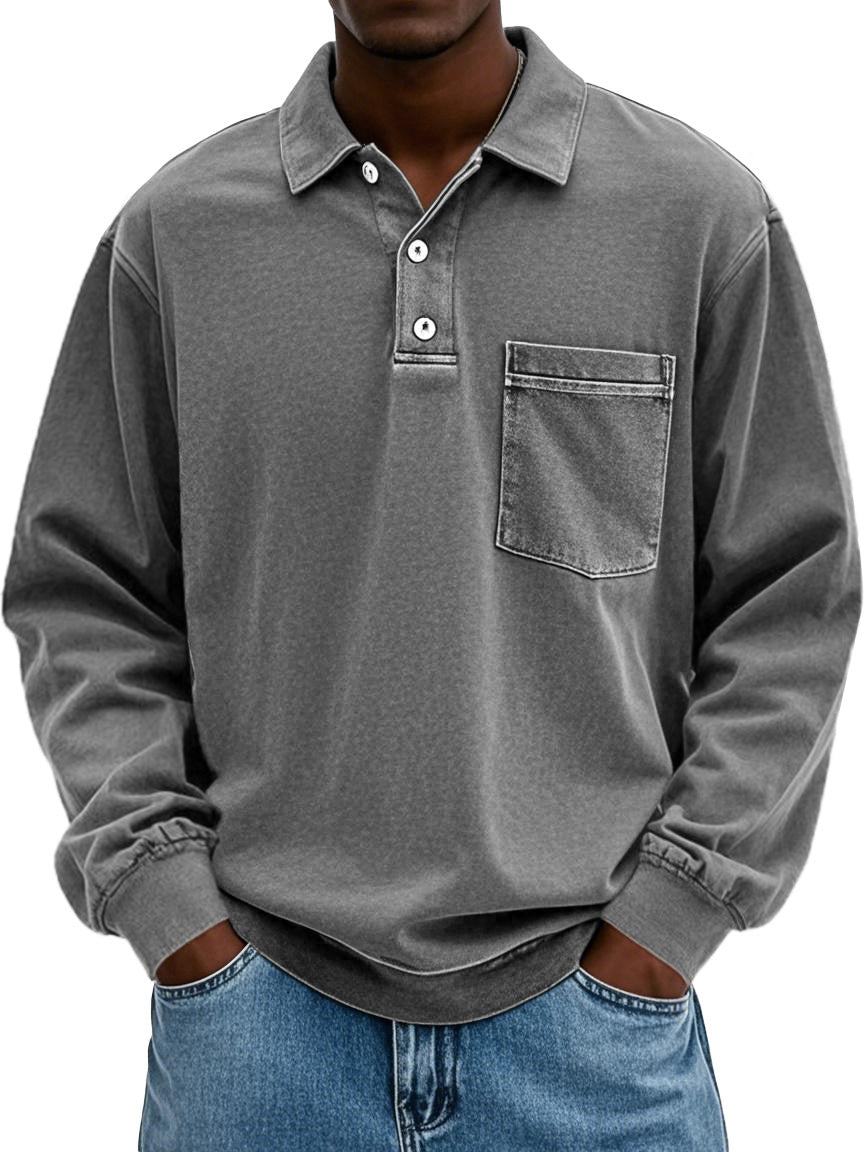 Men's Stylish Vintage Distressed Pocket Lapel Long-sleeved Polo Shirt 