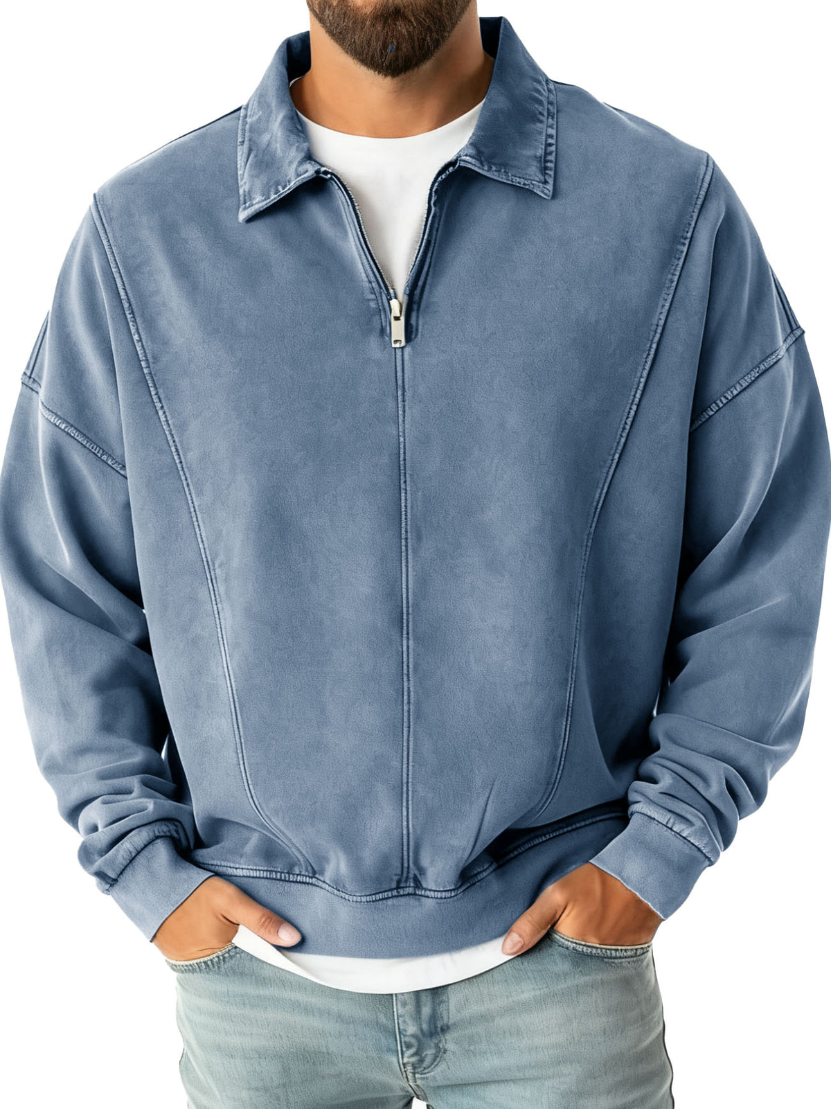 Men's Fashion Casual Stitching Lapel Zippered Polo Shirt