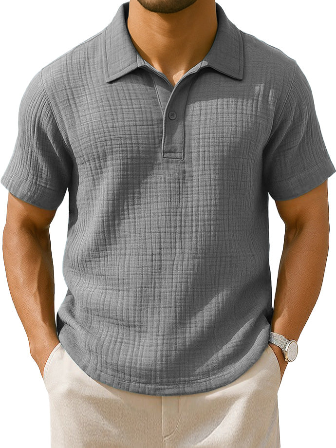  Men's Clothing Fashionable Casual Jacquard Pleated Fabric Lapel Short-sleeved Loose Polo Shirt 