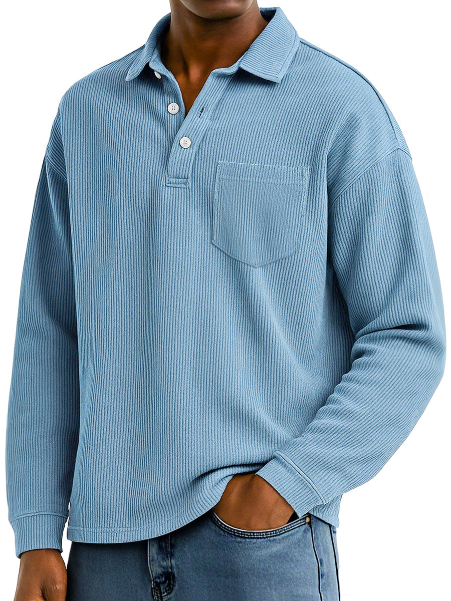 Men's Daily Ribbed Lapel Button-down Casual Pocket Polo Shirt