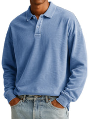  Men's Stylish Casual Padded Lapel Button-stitched Ribbed Long-sleeved Polo Shirt 