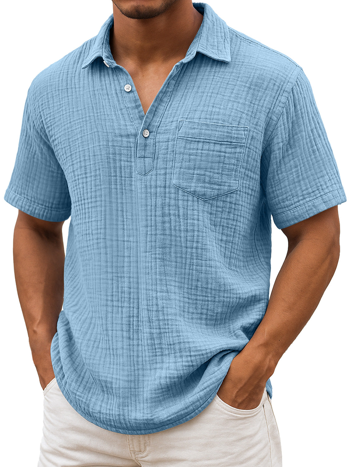 Men's Daily Pleated Texture Lapel Casual Pocket Comfortable Short Sleeve POLO Shirt