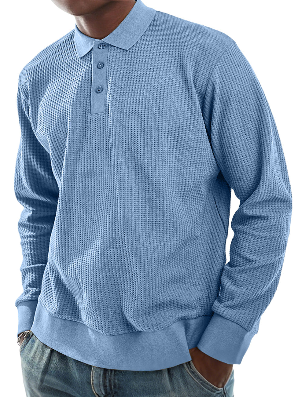 Men's Everyday Waffle Lapel Button-down Casual Long-sleeved Polo Shirt