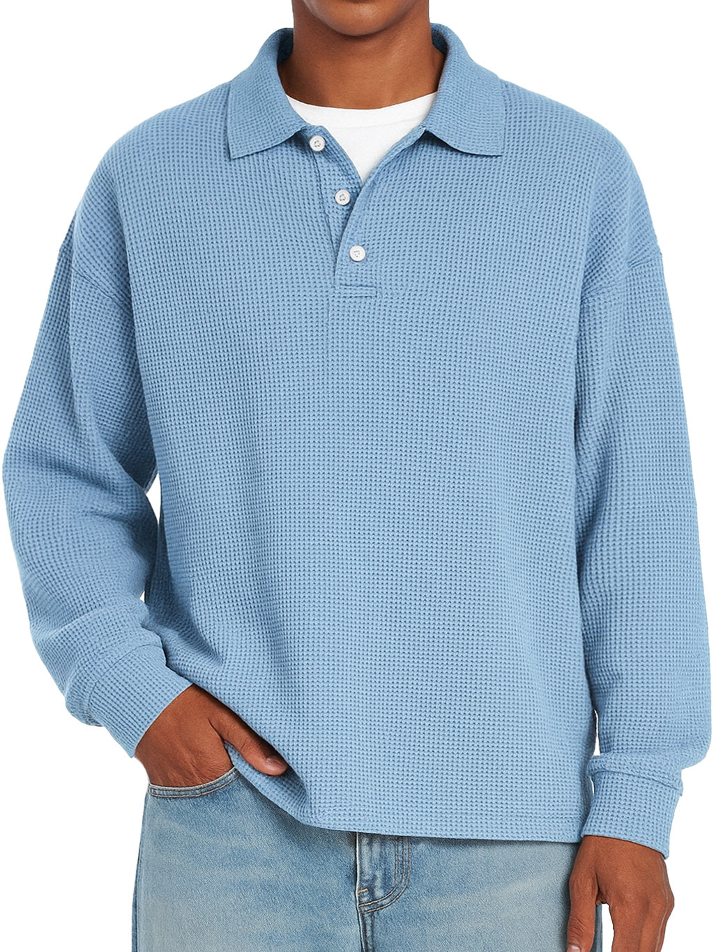Men's Daily Waffle Casual Lapel Button Loose Long Sleeve Polo Shirt