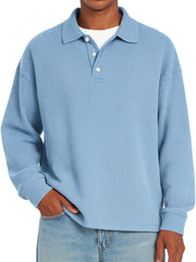 Men's Daily Waffle Casual Lapel Button Loose Long Sleeve Polo Shirt
