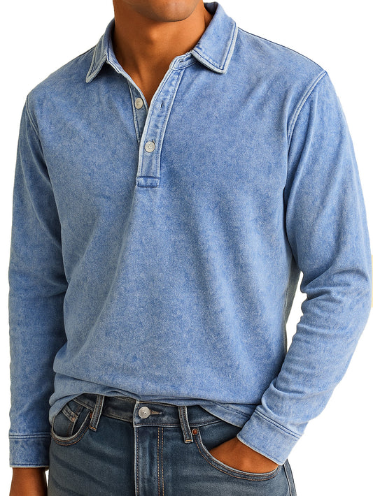 Men's Stylish Vintage Washed And Distressed Lapel Long-sleeved Polo Shirt 