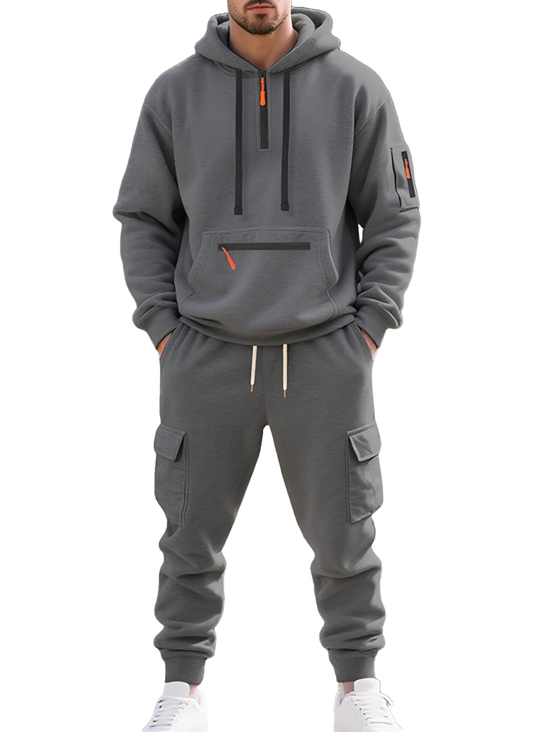 Men's Autumn and Winter Fleece Casual Zipper Sweatshirt Multi-Pocket Overalls Set