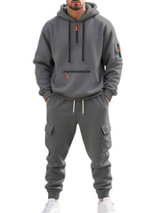 Men's Autumn and Winter Fleece Casual Zipper Sweatshirt Multi-Pocket Overalls Set