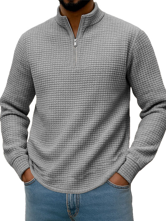  Men's Stylish Casual Corn-patterned Corduroy Fabric Stand-up Collar Half-zip Long-sleeved Sweatshirt 