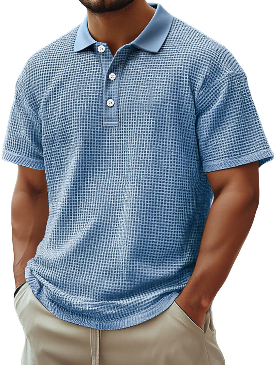Men's Everyday Waffle Casual Lapel Button Down Comfortable Short-sleeved Polo Shirt