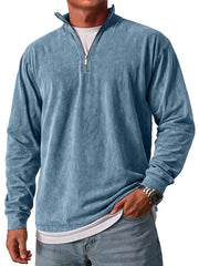 Men's Retro Stand Collar Zipper Casual Loose Solid Color Long Sleeve T-shirt